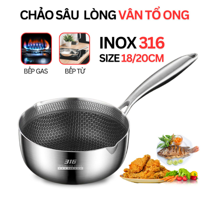  QUÁNH TỔ ONG 18CM - CHẢO SÂU LÒNG INOX - SIÊU BẮT TỪ - CHỐNG DÍNH,XƯỚC TỐT 