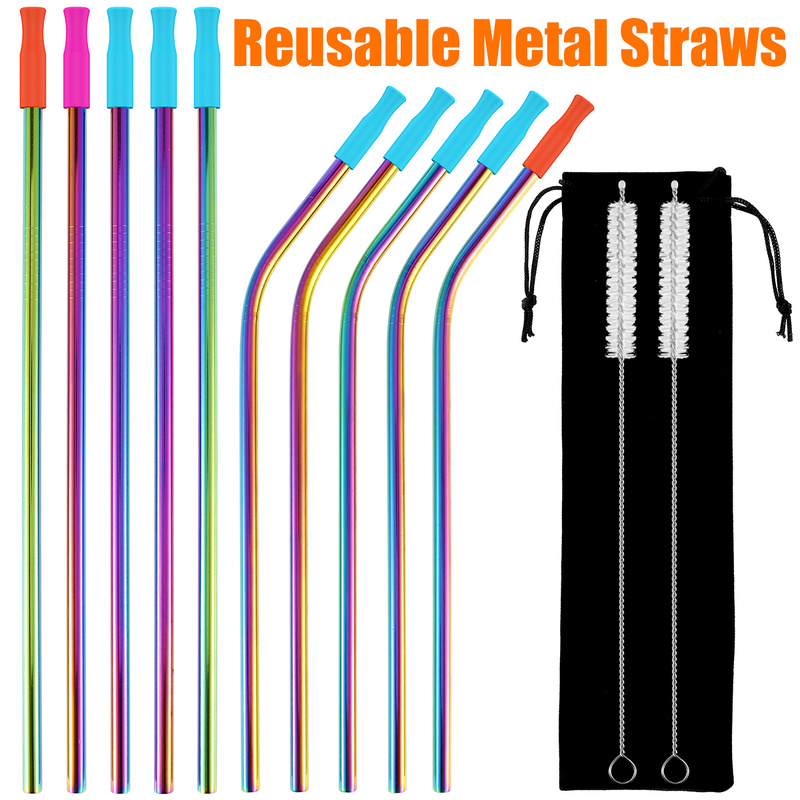10 pcs thép không gỉ Ống hút ống hút tái sử dụng đầy màu sắc cong thẳng ống hút thép không gỉ Ống hút thép không gỉ ống hút cho cốc cốc không quai