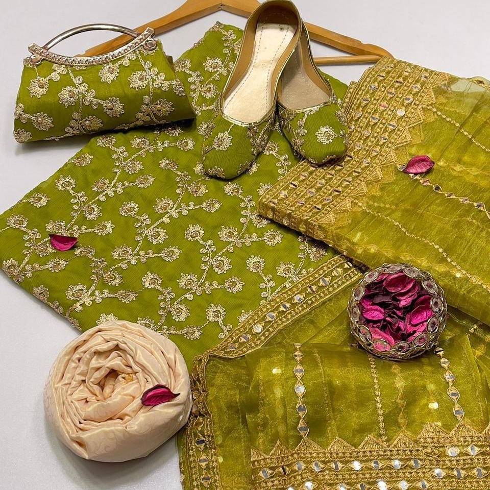 Ladies Chiffon Crinkle Embroidered Shirt 3PC Wedding Party Wear Dress Set - Self Embossed Masuri Shalwar, Sheesha Embroidery Dupatta with Heavy Pallu & Free Khussa & Clutch Customized