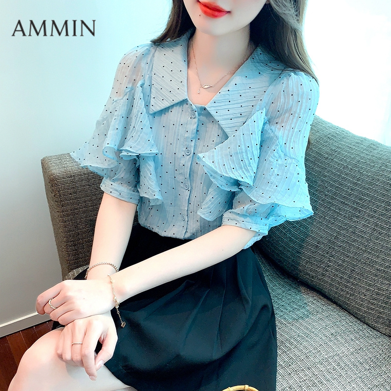AMMIN Korean Style Simple Lapel Retro Pleated Striped Texture Chiffon Short Sleeve Shirt Women's Summer 2025 New French Polka Dot Print Ruffled Stitching Design Elegant Blouse ราคา 415 บาท*ส่งฟรี