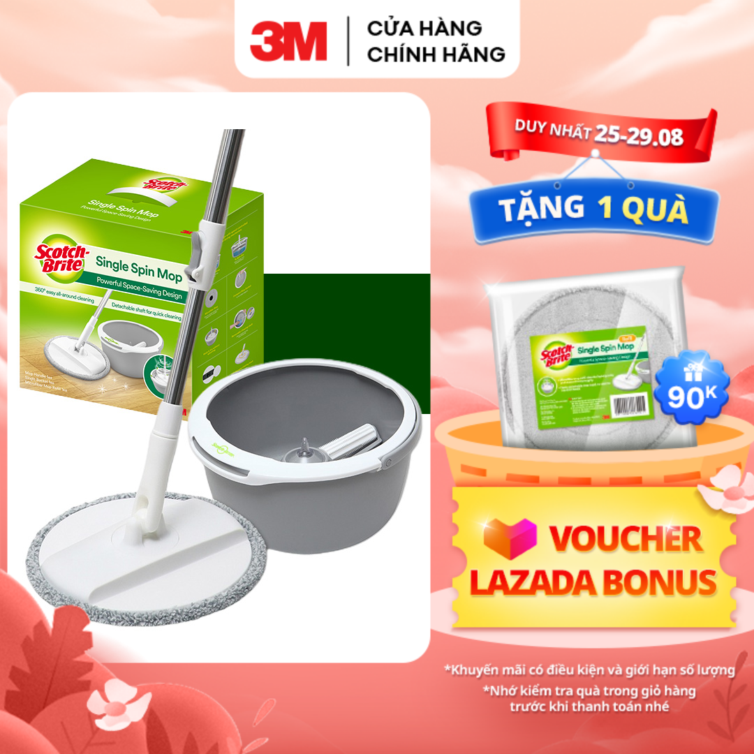 Bộ cây lau nhà 360 độ thông minh thế hệ mới 3M™ Scotch-Brite™, tích hợp giặt và vắt, 18x33x33 (cm), Dùng vệ sinh sàn nhà