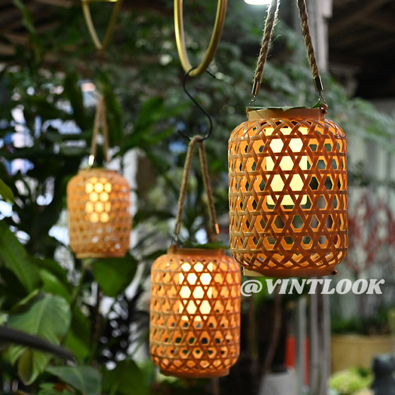 VINTLOOK Outdoor solar lamp Garden lantern Imitation bamboo weaving Solar lantern Courtyard decorative lamp Chinese hand-made rattan weaving style ราคา 169 บาท*ส่งฟรี