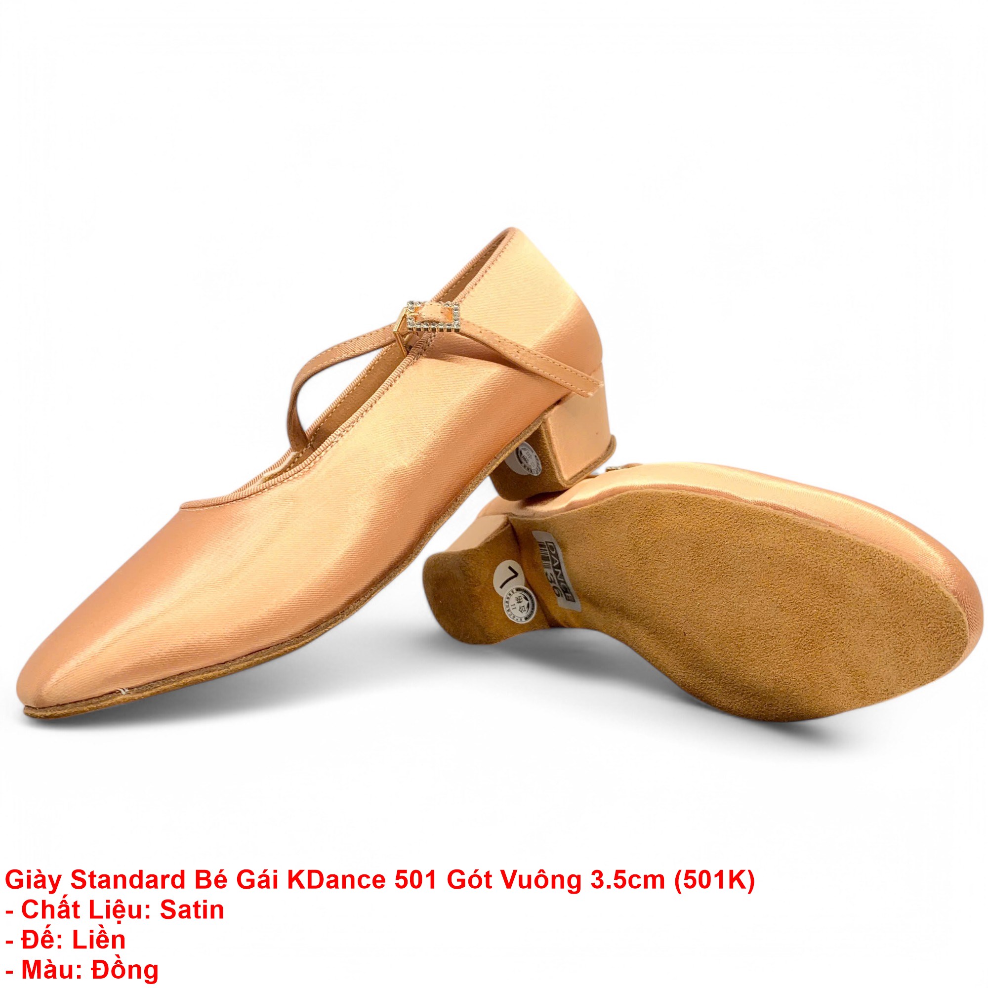 Giày Khiêu Vũ Dancesports Standard Bé Gái KDance 501 Gót Vuông 3.5cm (501K) - Satin (Tặng túi đựng giày)