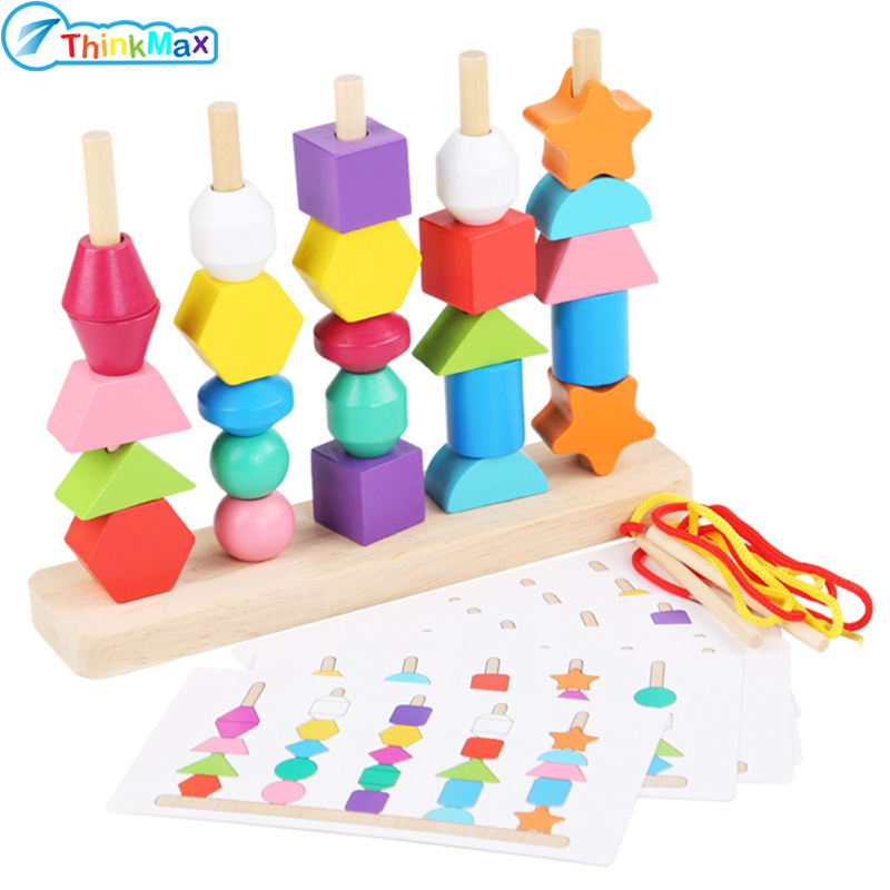 Beads Sequencing Toy Wooden Stacking Blocks Lacing Beads Shape Matching