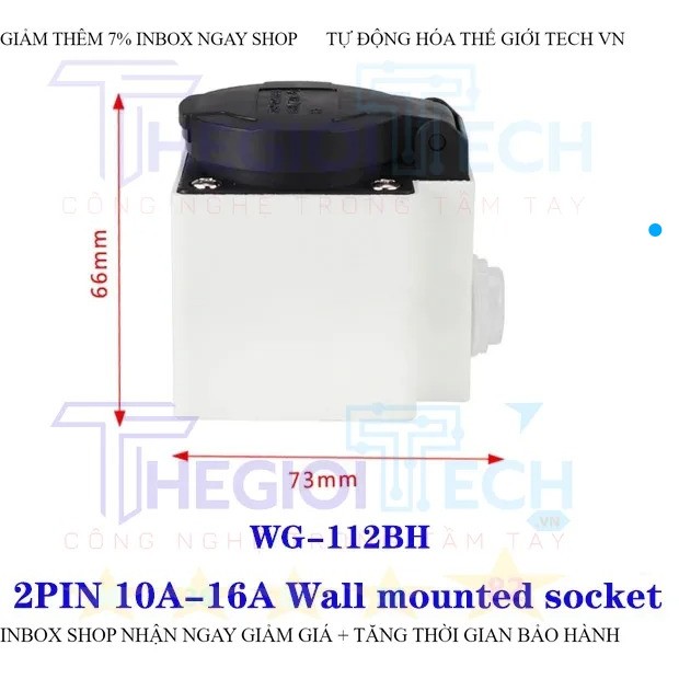 Phích cắm + ổ cắm 2P 16A kết nối kiểu công nghiệp hai lỗ 2 chấu + PE chống nước và chống bụi treo tường ổ cắm 220V 1 PHA TGT - WG-112BH