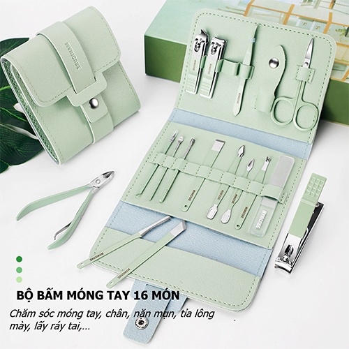 Bộ Bấm Móng Tay Làm Móng 16 Món Chăm Sóc Tay Chân, Chất Liệu Thép Không Gỉ Kèm Túi Da