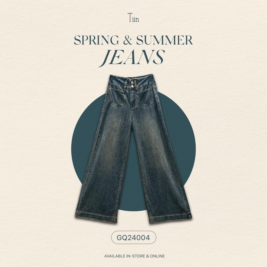 Quần Jeans ống rộng cạp cao túi 2 khuy màu xanh TIINSTORE GQ24004