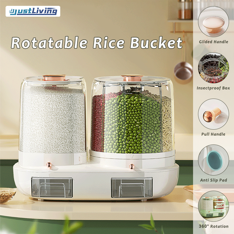 JustLiving 1PC 5L Rice Bucket+6L 360° 4Grid Rotating Rice Dispenser Multi-Grid Sealed Rice Storage Container Whole Grains Rice Dispenser Rice Storage Box Food Container Food Storage Container Box ราคา 2,107 บาท*ส่งฟรี