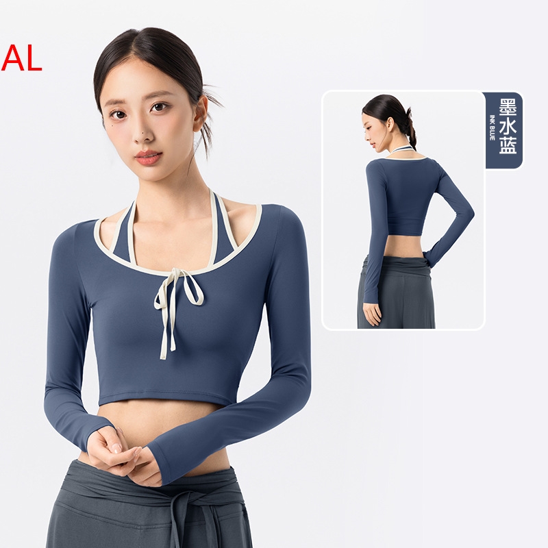 Two-Piece Womens Yoga Outfit With Long Sleeves Built-In Bra Halter Neck Color-Block Top Suitable For