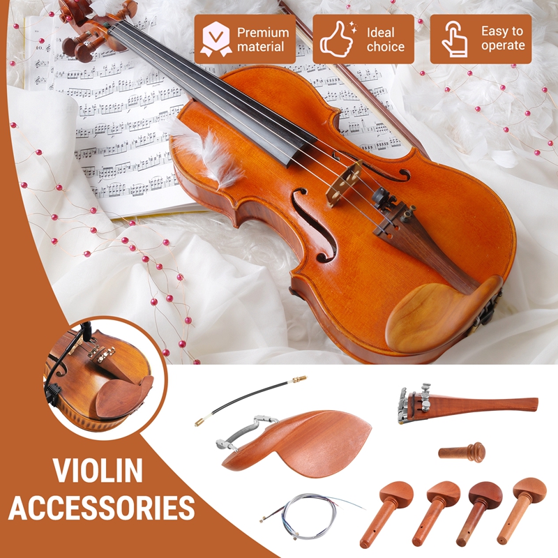 4/4 Violin Parts Accessories Chin Rest Tailpiece Fine Tuner Tuning Peg Tailgut Endpin Strings Kit