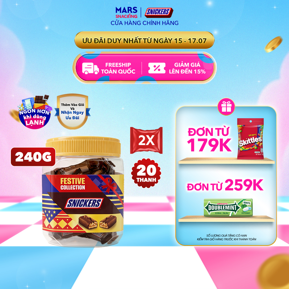 [DIỆN MẠO MỚI 20 THANH] Combo 2 Hũ kẹo sô cô la nhân đậu phộng Snickers jar 240g (20 thanh x 12g x 2 Hũ)