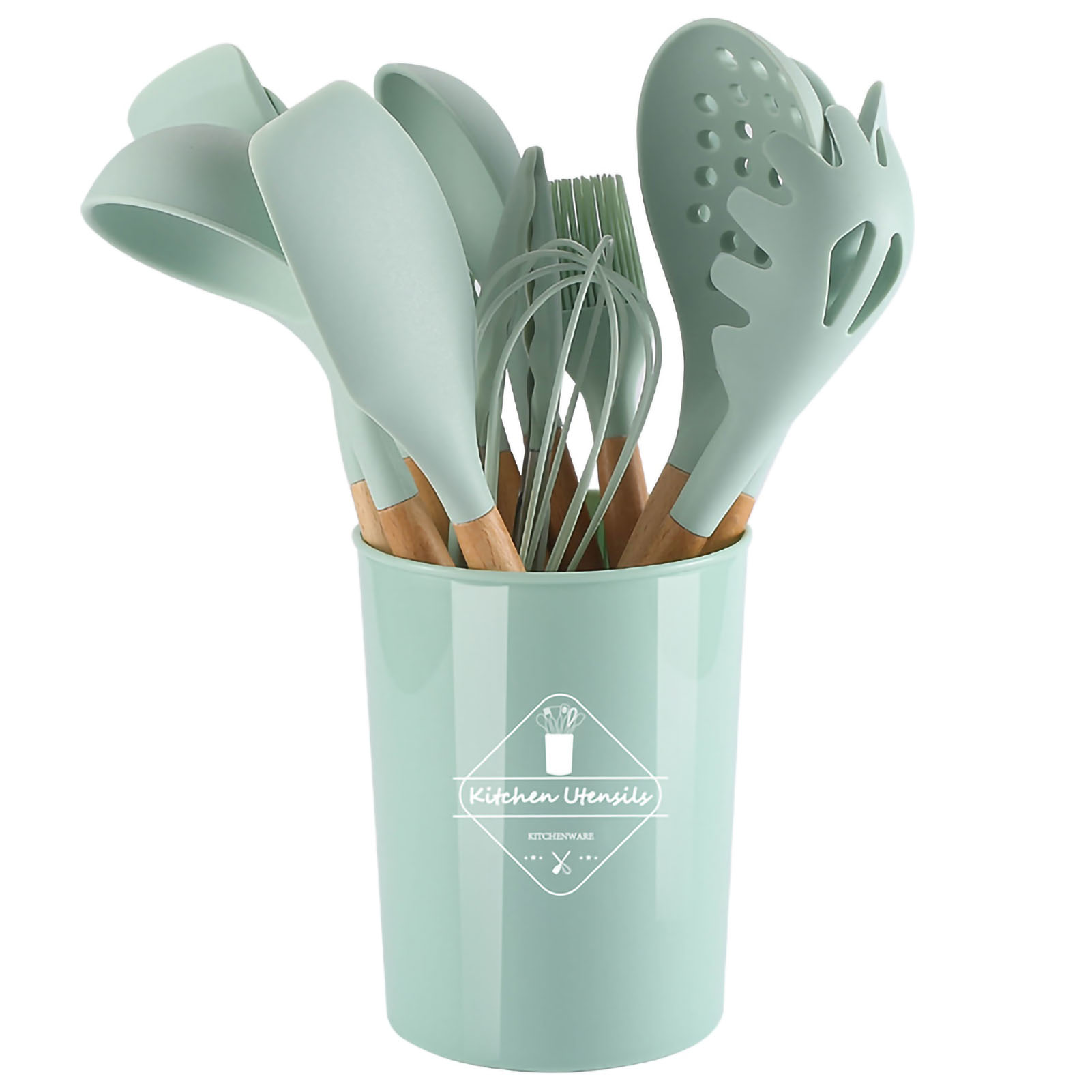 Đồ dùng nhà bếp Kit Silicone Bộ dụng cụ nấu nướng tay cầm bằng gỗ không dính dụng cụ nấu ăn với container