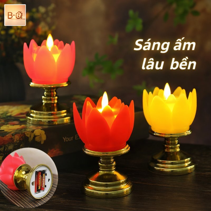 B-HQ Đèn led hoa sen dùng pin nến điện tử an toàn ánh sáng vàng trang trí bàn thờ không khói tiết kiệm điện