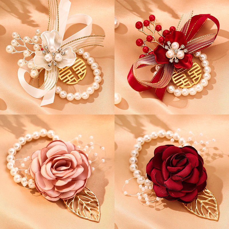 [FinessE] Tinh Tế Phù Dâu Giả Hoa Vòng Đeo Tay Ngọt Ngào Wedding Ribbon Ngọc Trai Bow Bàn Tay Cô Dâu Hoa Đảng Prom Phụ Kiện Quà Tặng