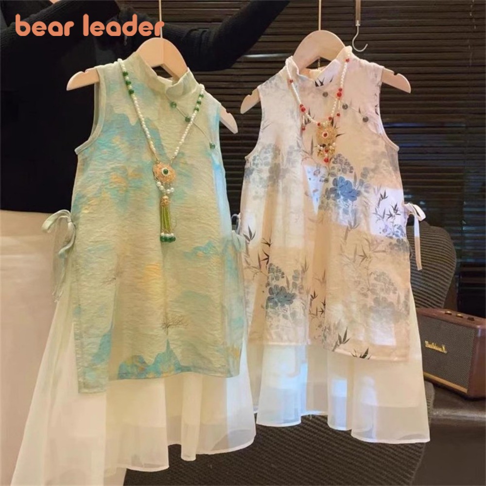 Gấu Lãnh Đạo Phong cách Trung Quốc Dresses Cho Bé Gái Mùa Hè lưới chắp vá Mới mực vẽ In Xường Xám thời trang Cho 2 Để 7 Năm Trẻ Em Quần Áo váy hoa