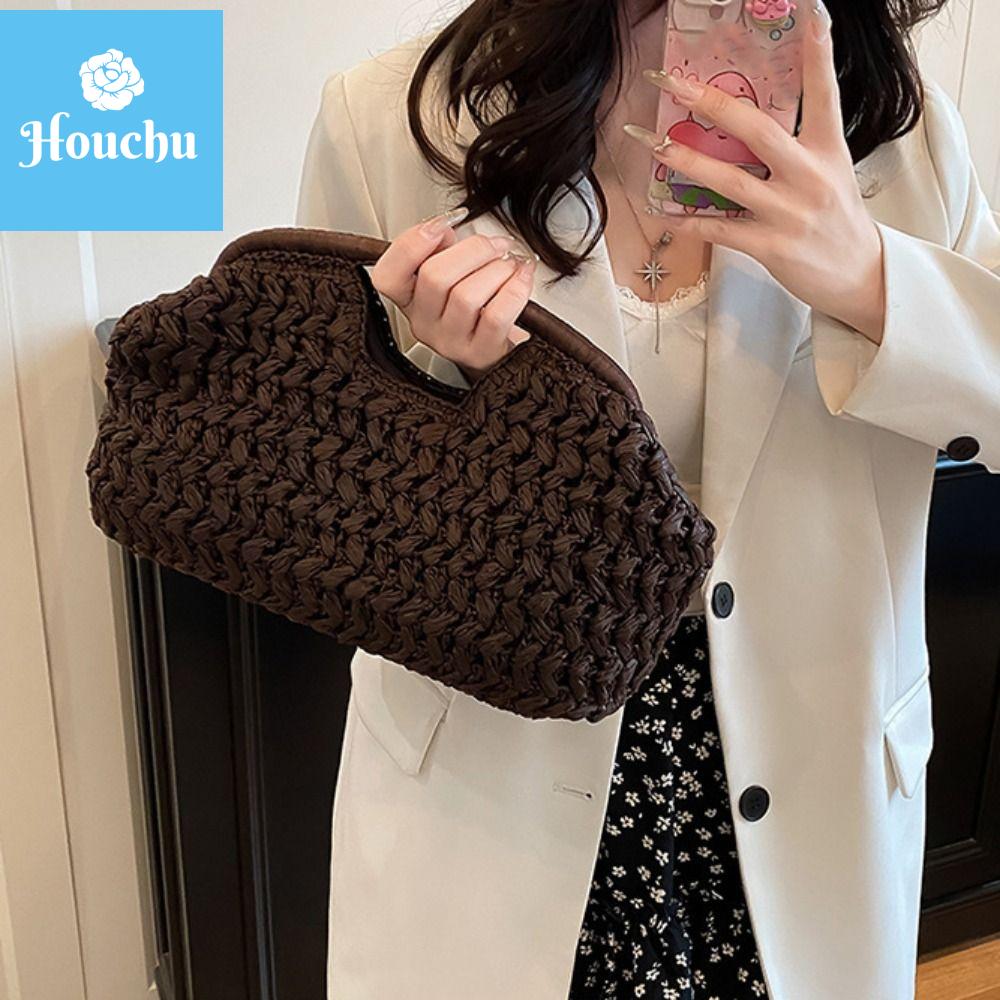 HOUCHU Dung lượng lớn Túi cói Cỏ Trăng Bán Nguyệt Túi Tote Dệt Giải trí Đơn giản Túi Clutch hình lưỡi liềm Các cô gái