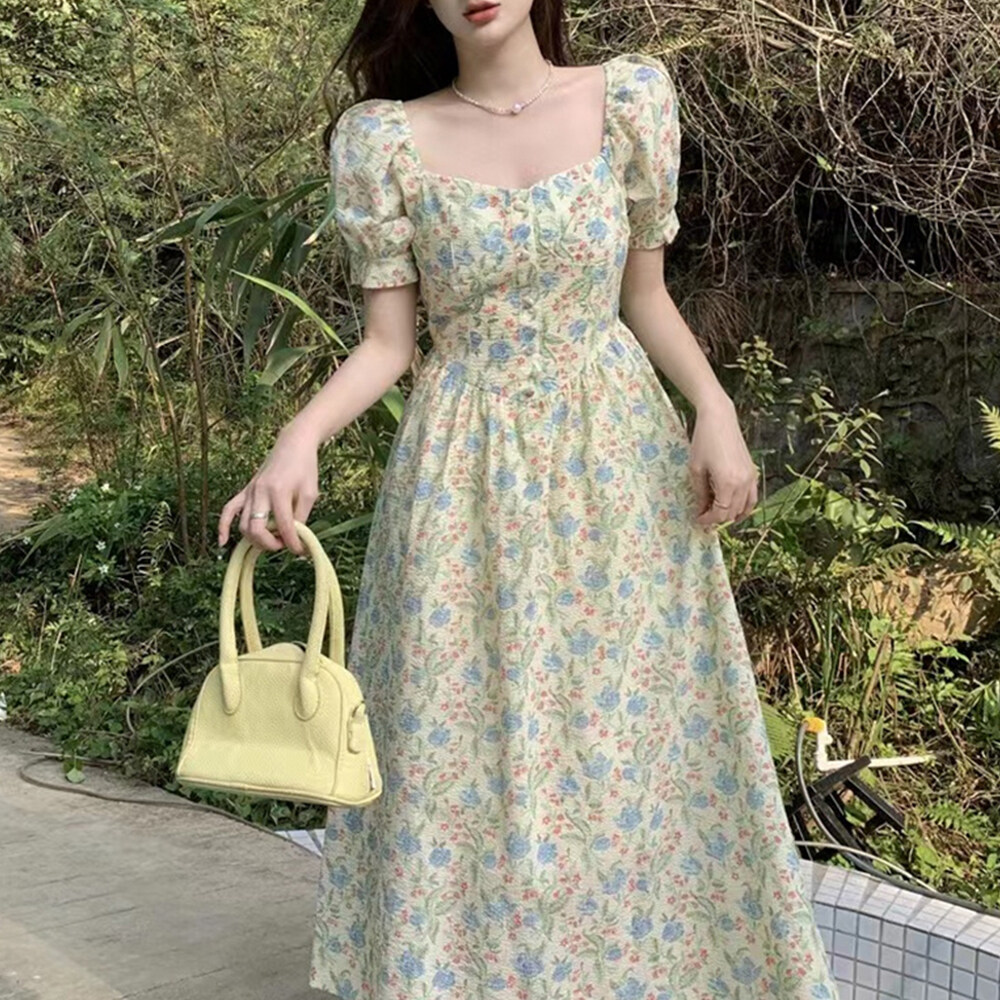 BRANCHÉ Phụ Nữ Của Dresses Mùa Hè Puff Ngắn Tay Áo Cổ Vuông Một Dòng Midi Kỳ Nghỉ Dresses B240925