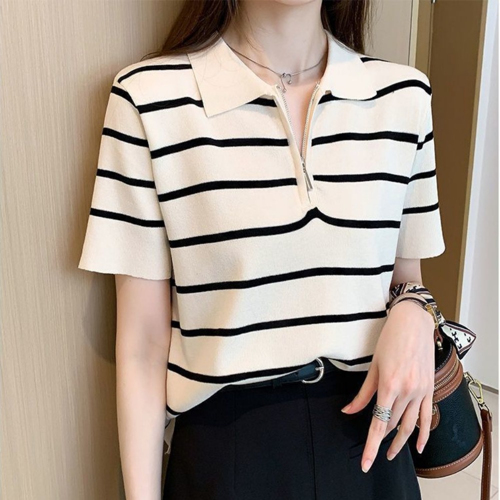 Lụa băng cổ polo Áo thun tay ngắn áo mỏng sọc có khóa kéo nữ