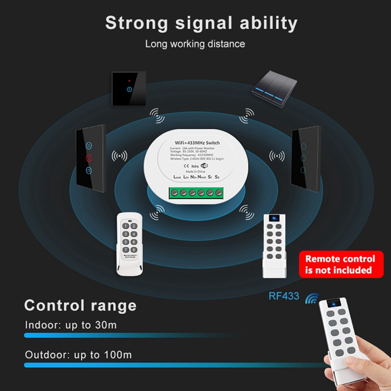 RF433 WiFi Smart Switch Tuya 16A Light Switch Mini Home Breaker Relay with Power Monitor Smart Life 