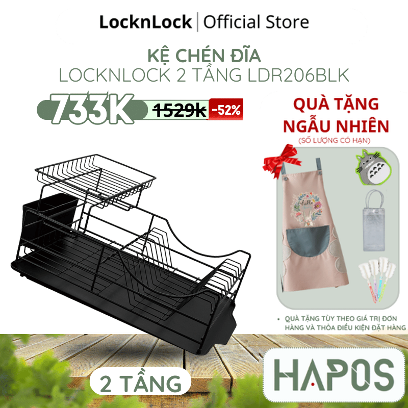 Kệ chén dĩa 2 tầng bằng sắt locknlock 2 tier dish rack - màu đen - ldr206blk - hapos