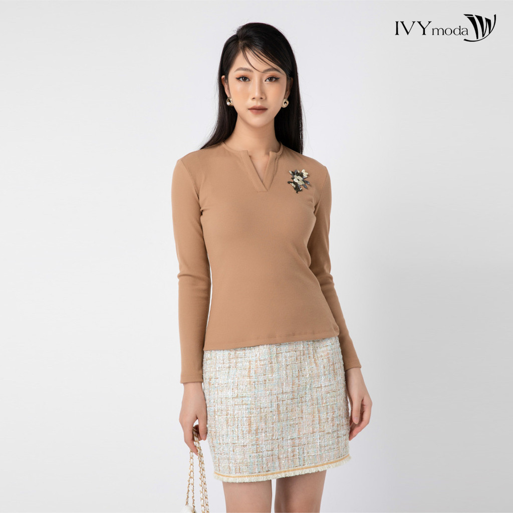 Áo thun gân nữ thêu hoa ivy moda ms 58m5831
