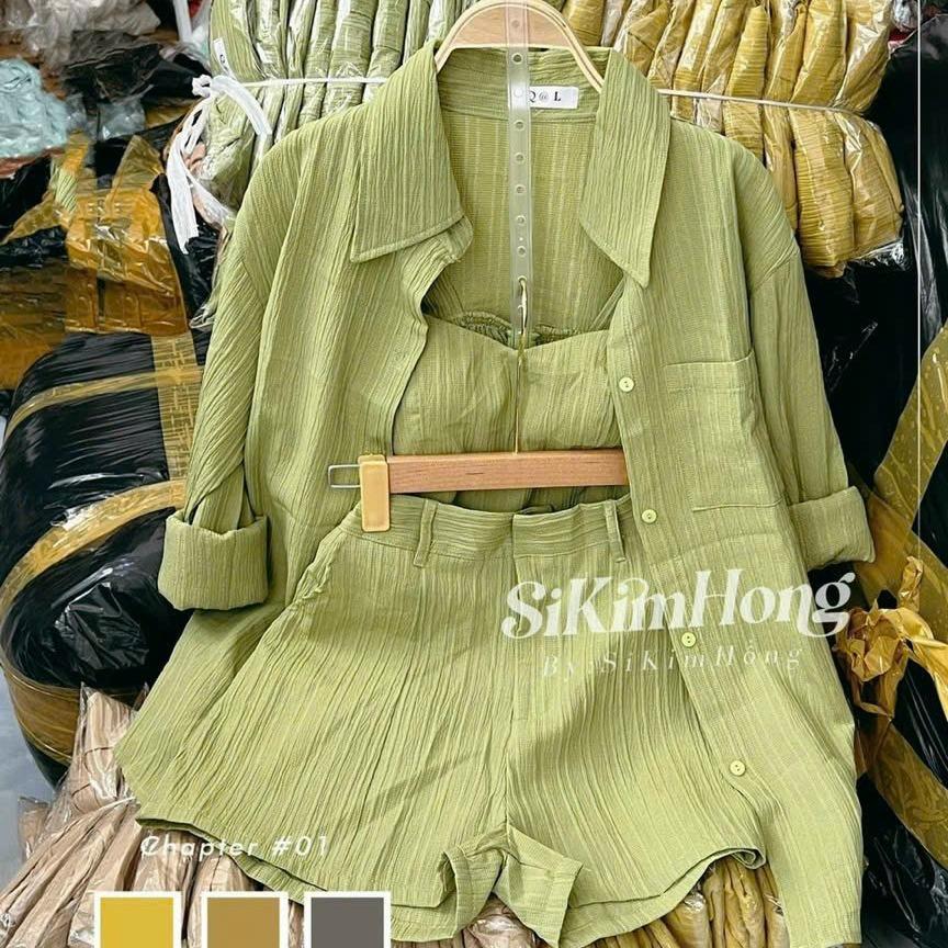 Set đùi đi biển ba món thời trang trẻ trυng áo hai dây có mút áo khoác sơ mi nút cài và quần đùi Nữ 