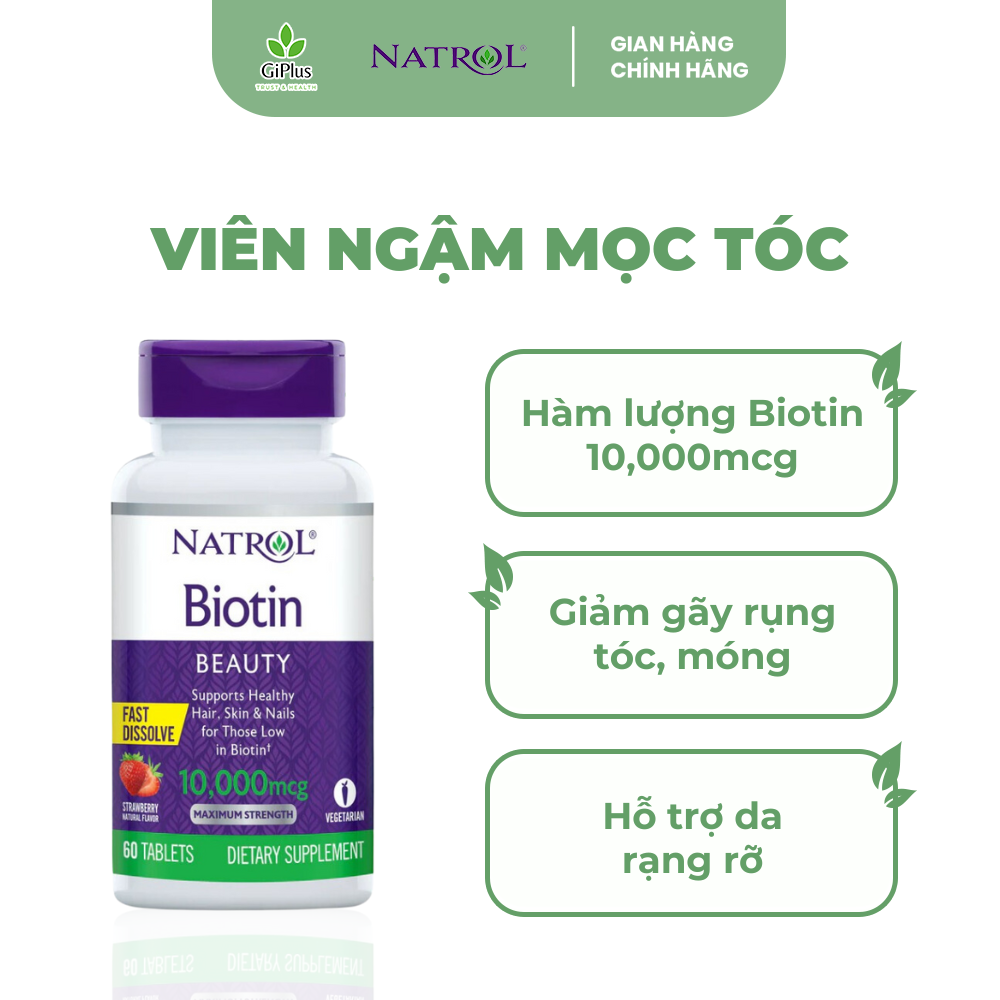 Viên ngậm tan nhanh hỗ trợ mọc tóc natrol biotin 10000 mcg fast dissolve
