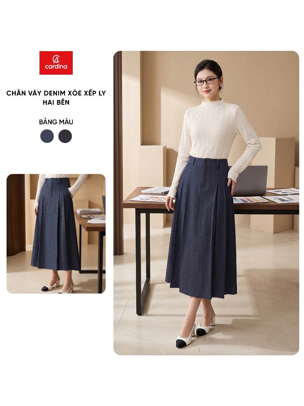 Chân váy nữ CARDINA chất liệu demin dáng xòe xếp ly hai bên 6CVJ05