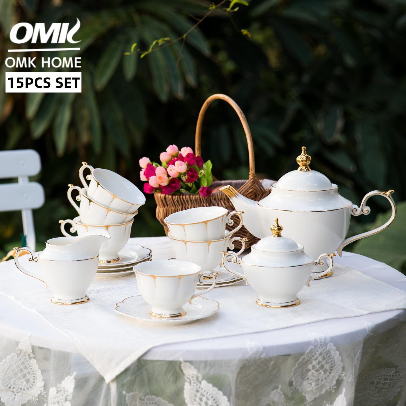 OMK 15PCS set European Light Luxury Gold Edge Bone China afternoon tea tea set english style with teapot coffee cup tea set modern Suitable for 6 persons ราคา 4,649 บาท*ส่งฟรี