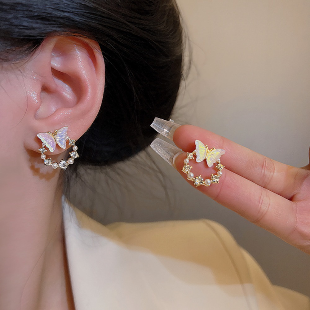 KUNGAOA Gentleness Lovely Design Sense Animal Series Anti-Allergy Alloy Ladies' Products Pearl Earrings Butterfly Earrings Korean Style Earrings