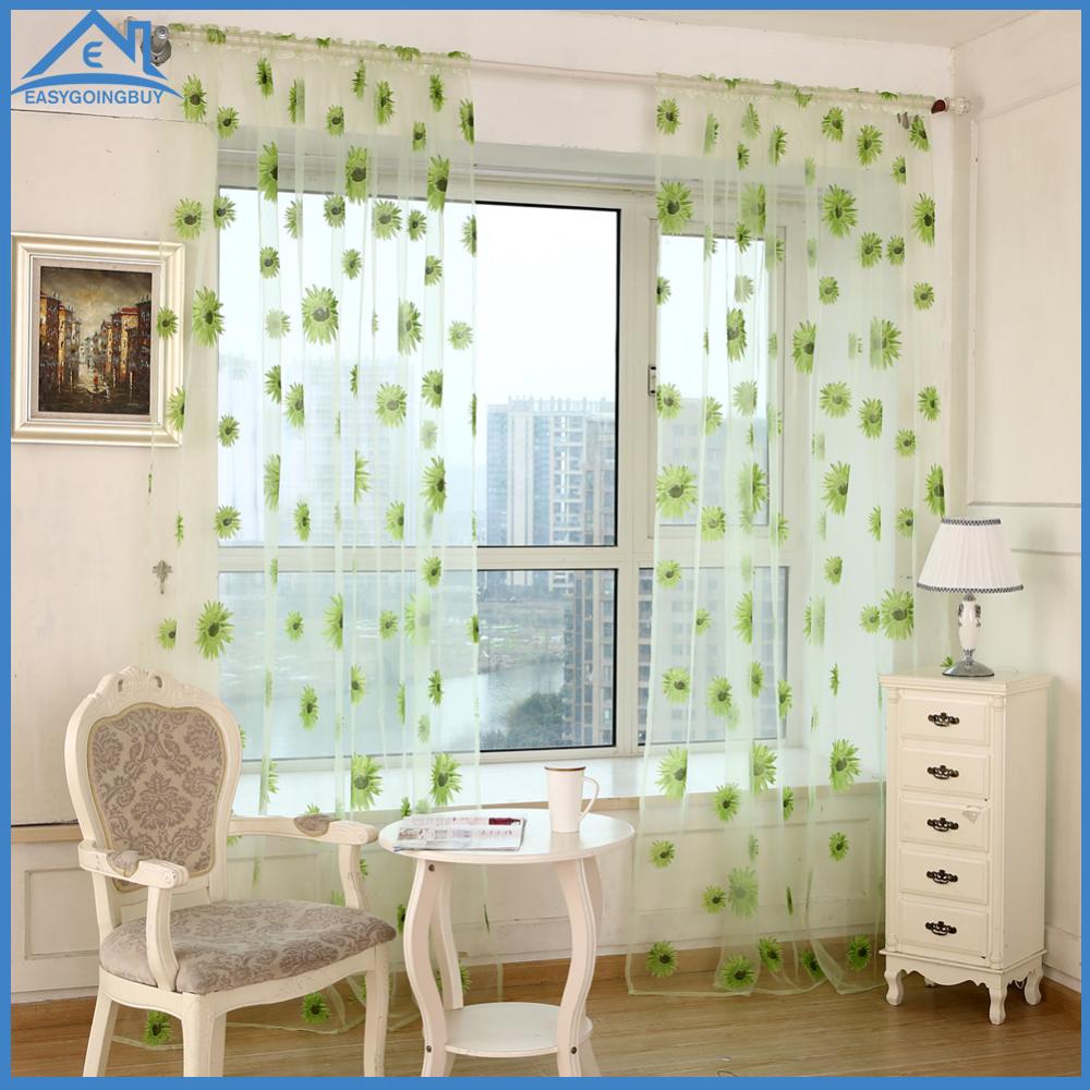 [Hàng Mới Về] phòng Rèm phòng khách vải tuyn Rèm Cửa Cửa sổ in hoa hướng dương (màu xanh lá cây)