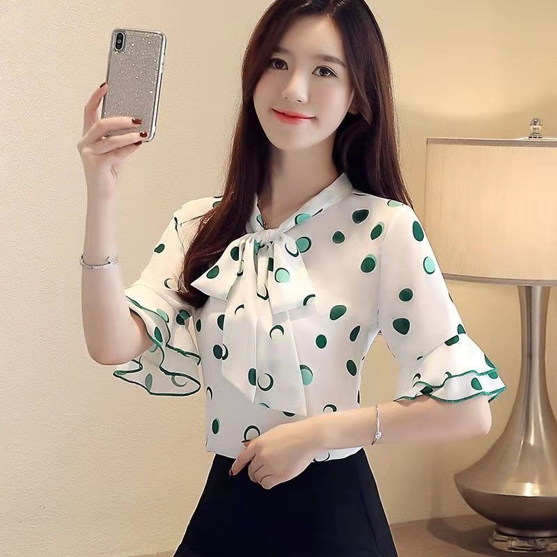 LUNAáo girl phố nữ set đồ nữ đẹp Áo sơ mi nữ mùa hè nửa tay áo lá sen tay áo Bowknot Wave Dot in áo 