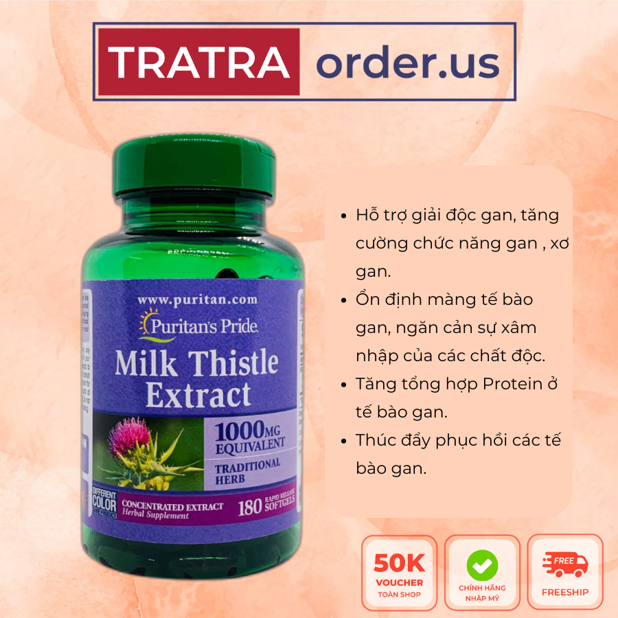 Bổ gan Milk Thistle Extract Puritan's Pride 1000mg 180 viên