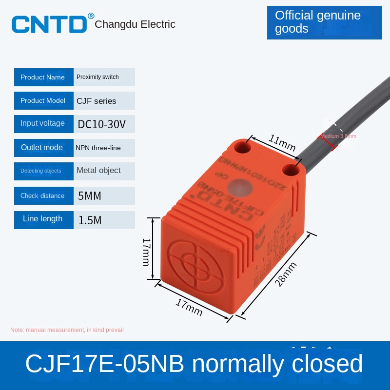 Cảm Biến Tiệm Cận CJF17E-05NB CNTD | Tùy Chọn CJF17E-05NA/NB/PA/PB/LA - PNP, 3 Dây DC, Phát Hiện Kim Loại 5-15mm, Bảo Vệ Sóng Xung