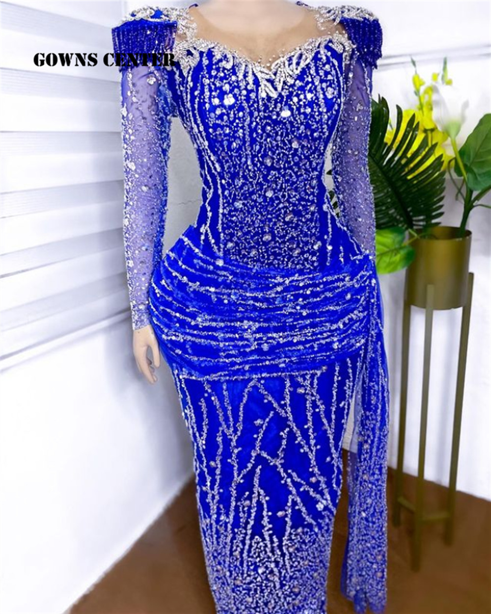 2 Royal Blue Aso Ebi Evening Dresses Long Sleeve Luxury Beaded Tassels African Mermaid Formal Gown For Wedding Party Customized