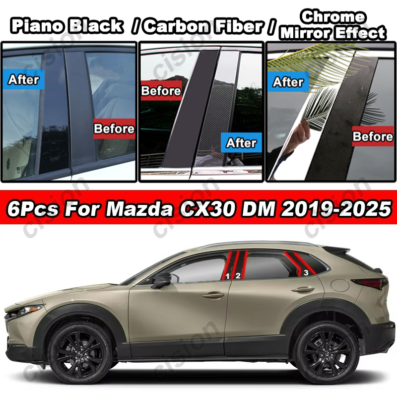 6Pcs Car Body Door Center B C Pillar Post Trim for Mazda CX-30 CX30 DM 2019-2025 Glossy Chrome Piano Black Carbon Fiber Mirror Effect Finish PC Material Window Middle Column Cover Sticker Styling Accessories ราคา 228 บาท*ส่งฟรี