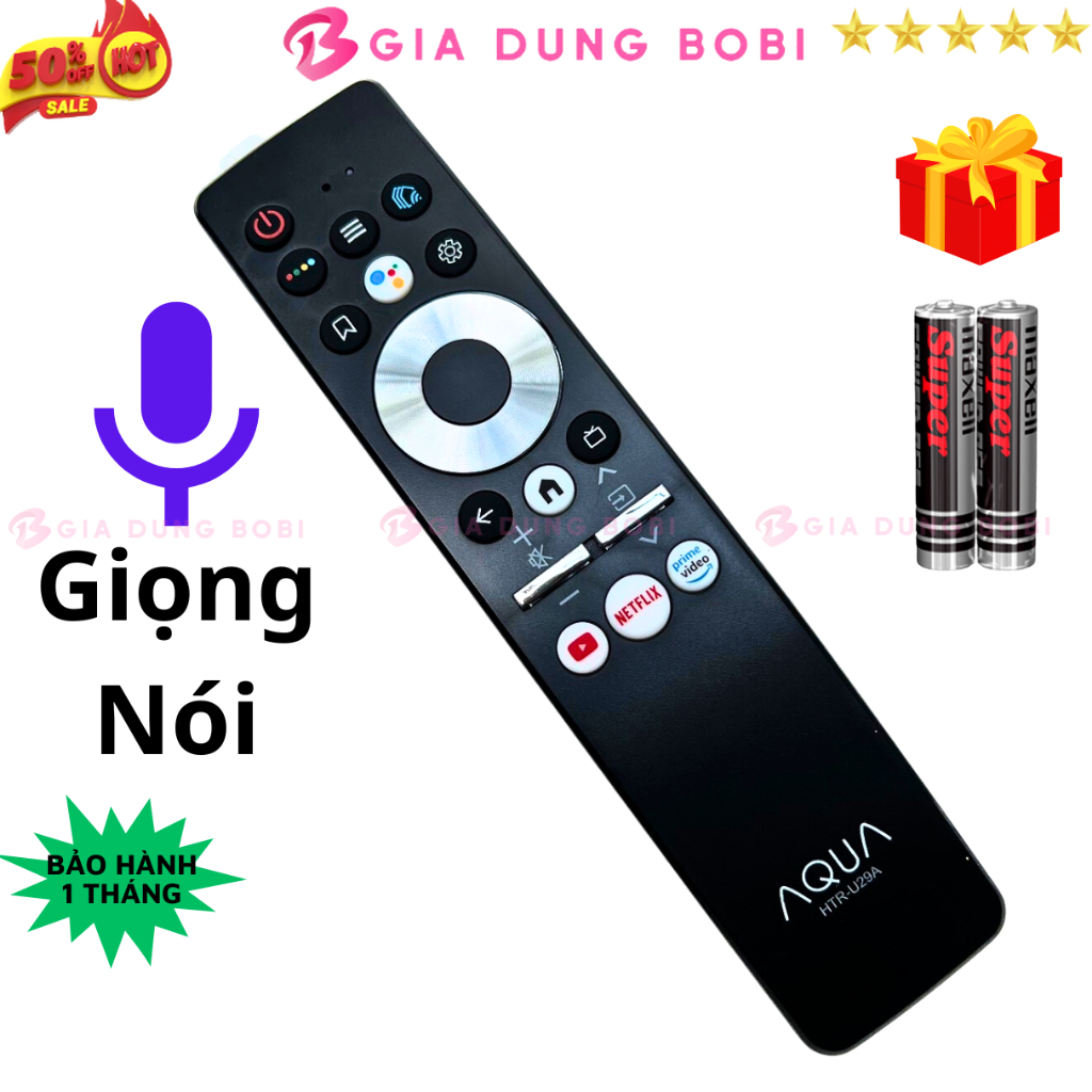 Remote điều khiển tivi AQUA Mã 01 giọng nói điều khiển TV AQUA HTR-U29A - Tặng kèm pin - Gia Dụng Bo