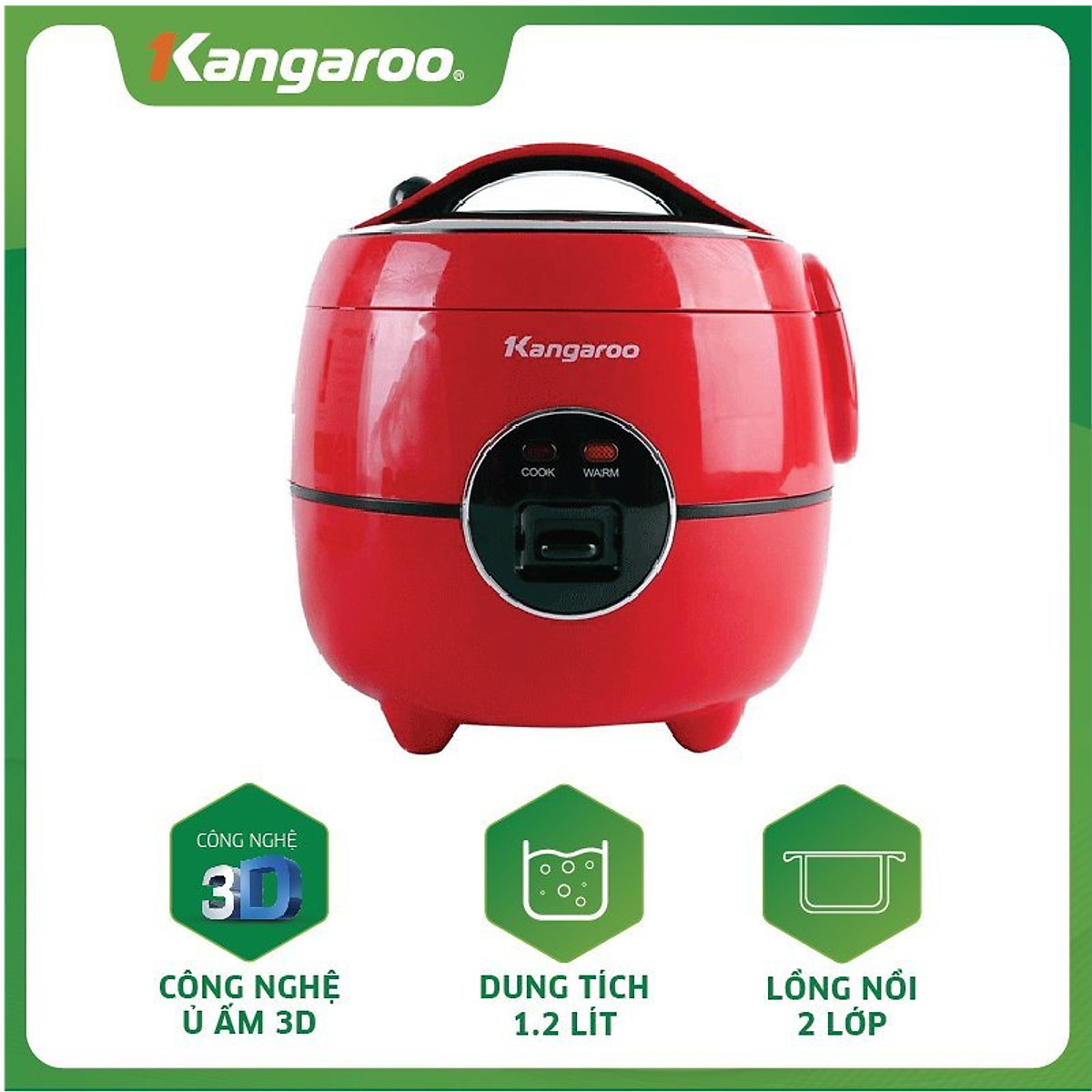 SALE - Nồi cơm điện Kangaroo 1.2 lít KG822 đỏ-Chính Hãng.lòng nồi 2 lớpdày 2 mmtráng men chống dính-