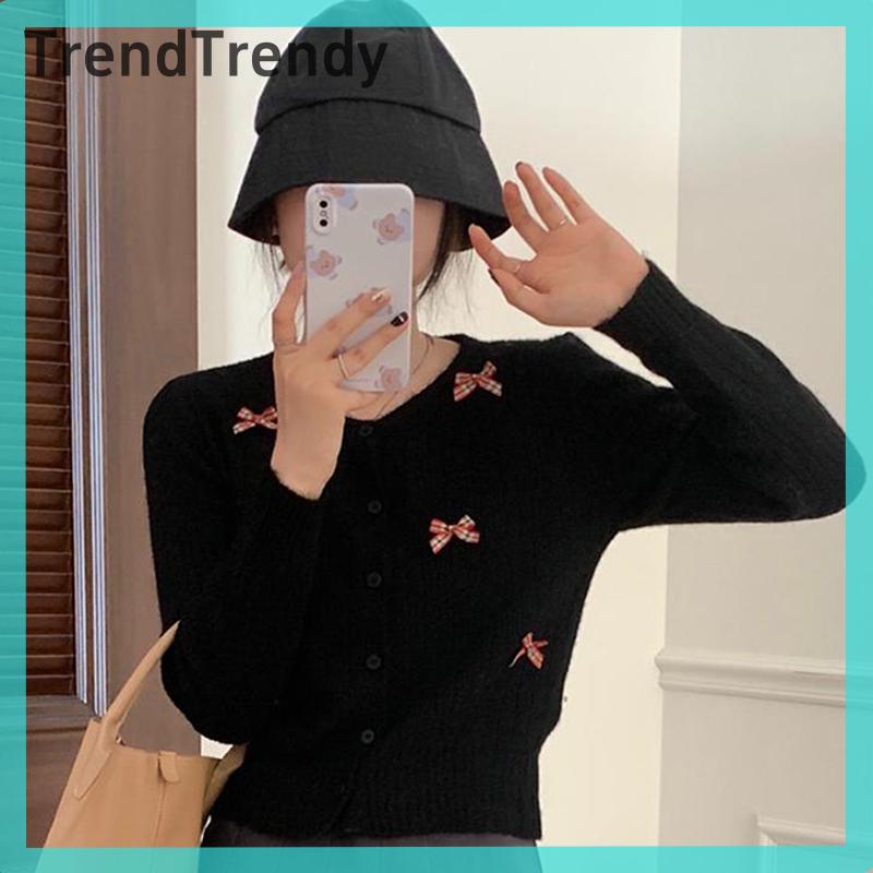 TrendTrendy Áo cardigan chắp vá nơ dài tay áo ngoài áo len một hàng cúc cổ tròn