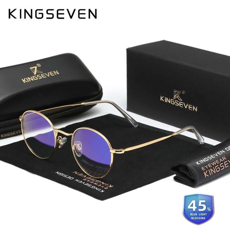 KINGSEVEN Fashion Blue Light Blocking Glasses Men/Women Round Alloy Frame Eyeglasses Transparent Lens Anti-Blue Ray Eyewear