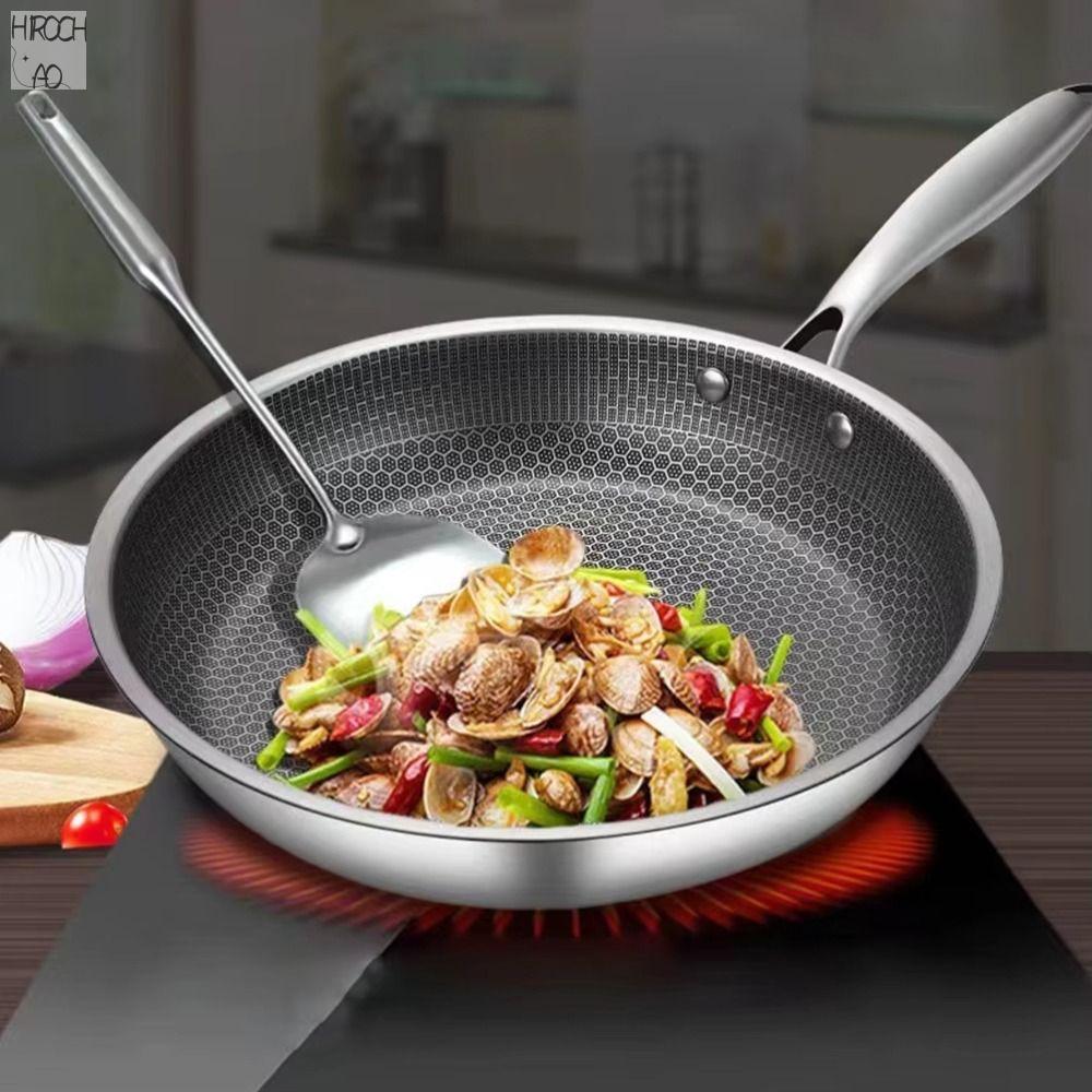 HIROCHAO 26/28/30cm. Chảo rán bằng thép không gỉ Bền bỉ Bề không tráng phủ Chảo chống dính Nấu ăn Đế dày Dụng cụ nấu thịt bò Cung cấp nhà bếp
