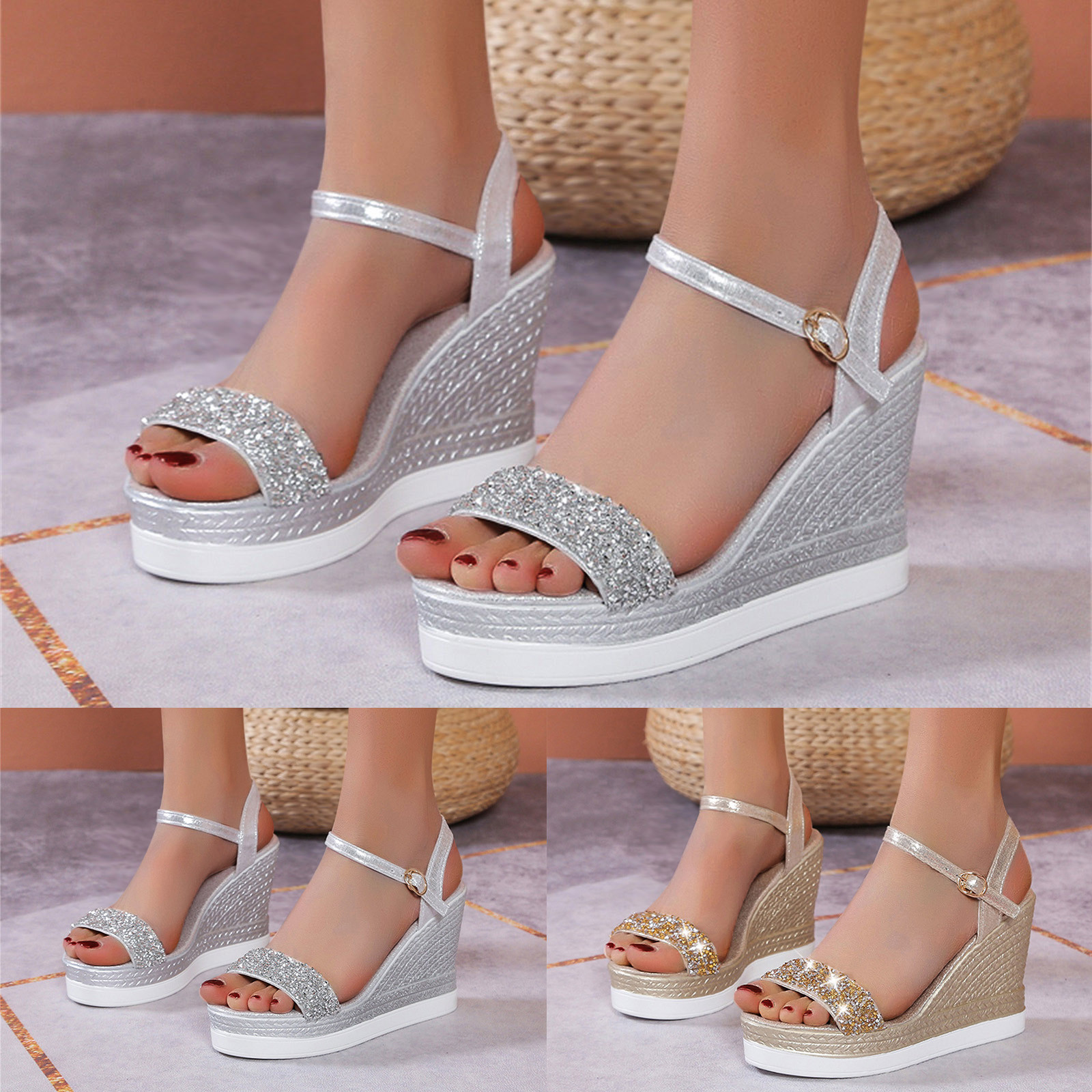 Mùa hè cho nữ thời trang thoáng khí sequin thanh lịch đế xuồng Xăng-đan cỡ lớn đồ trang sức dép cho phụ nữ