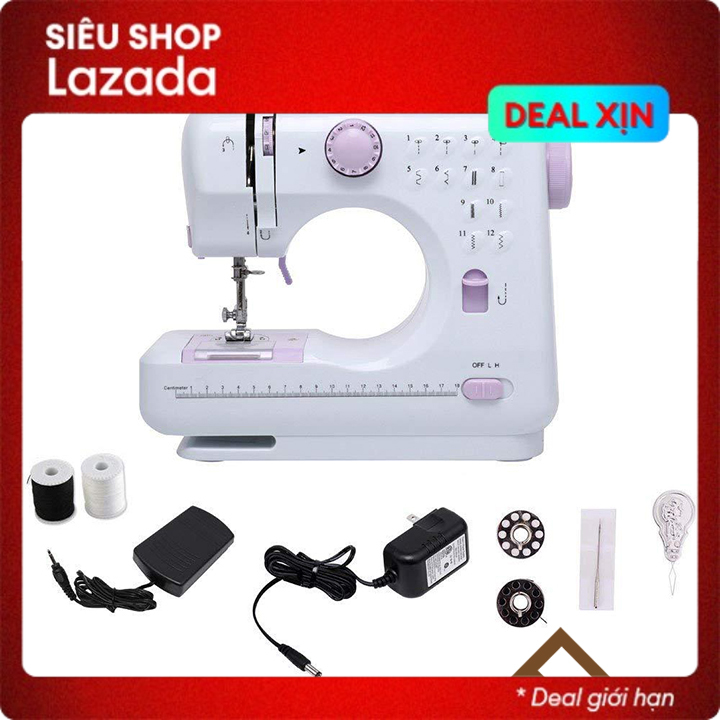 Máy may mini gia đình mẫu mới 505 705A 12 kiểu may, có vắt sổ, may được vải thun thường, có kèm chân vịt phụ - Set 10 kim máy may BẢO HÀNH 3 THÁNG