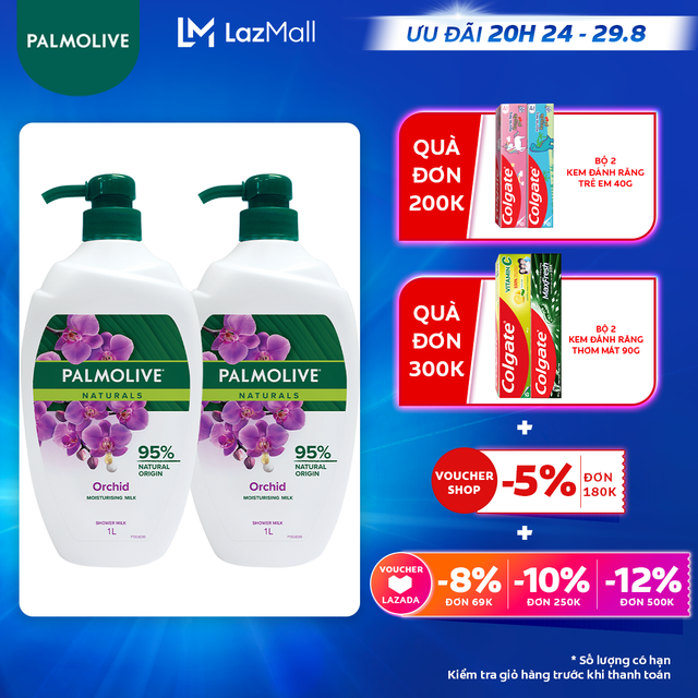 [Ưu đãi 20H 24.8 - 29.8_Áp voucher Colgate 5% + voucher LZD 8%]Bộ 2 Sữa tắm Palmolive chiết xuất Sữa và Hoa Phong Lan Đen 1L