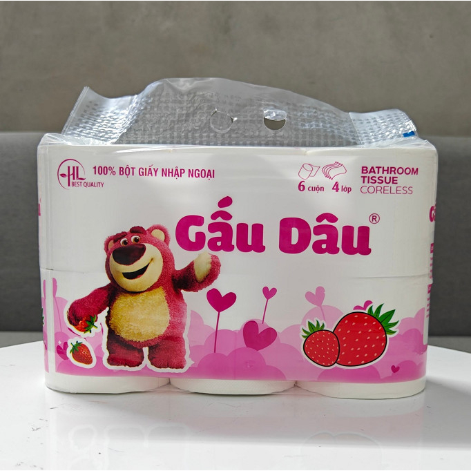 Lốc 6 Cuộn Khăn Giấy Vệ Sinh GẤU DÂU Siêu Dày Siêu Dai Mềm Mịn Không Lõi - Giấy 4 lớp - S250