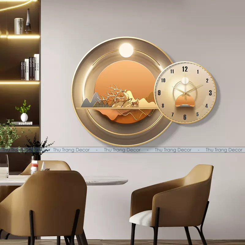 Bộ 2 Tranh Đồng Hồ Tráng Gương Treo Tường In UV 5D Cao Cấp Phong Cách Hiện Đại