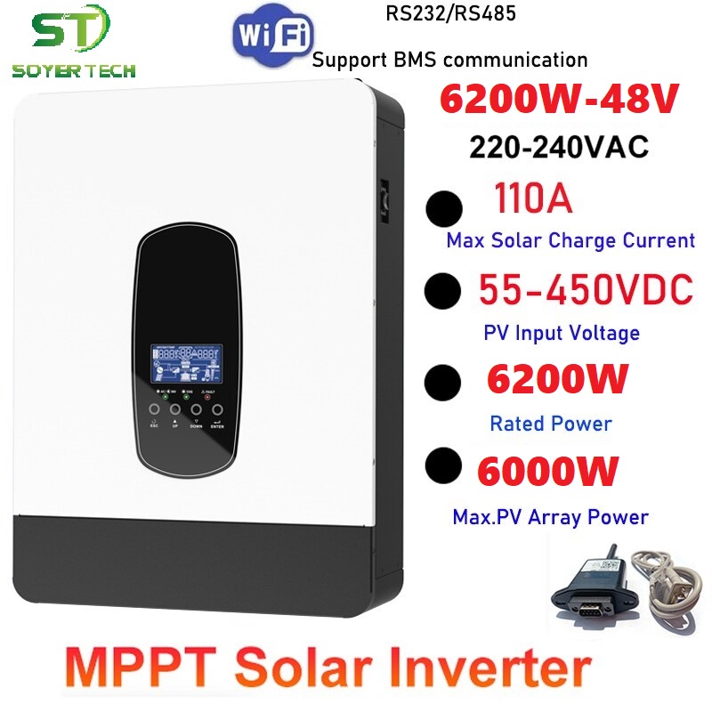  Bộ Biến Tần Năng Lượng Mặt Trời Mppt 7KVA PV 500DC Hybrid Inverter MPPT 110A Hỗ Trợ Sạc Pin Lifepo4 48V Có WIFI Theo dõi 