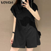 VONDA Women Short Sleeve Button Up Jumpsuit Casual Holiday Shorts Turn Down Collar Rompers (Korean Causal)