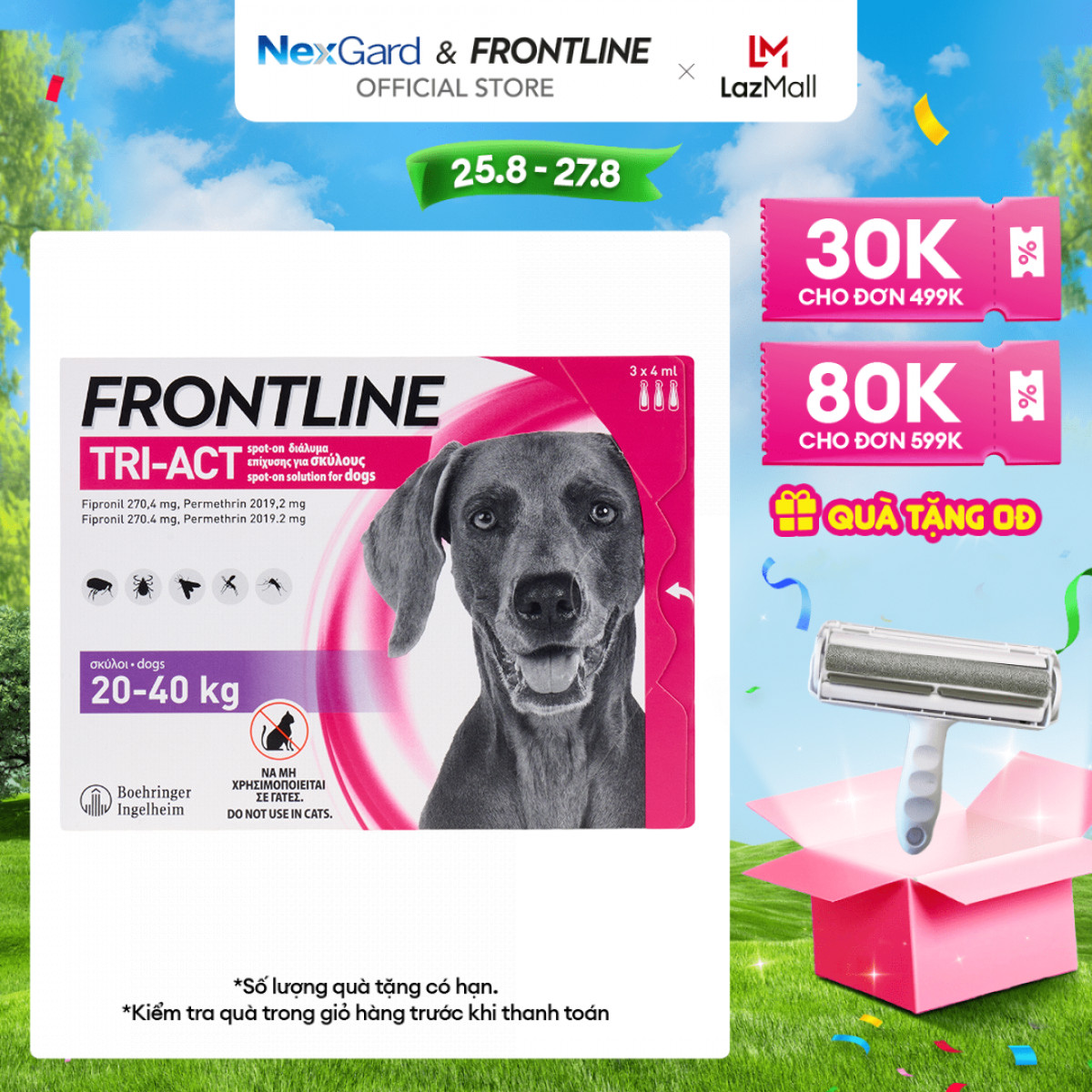 Frontline Tri-Act - Tuýp nhỏ gáy phòng & trị ve, rận, bọ chét, ruồi, muỗi dành cho chó size L - 1 hộp 3 tuýp