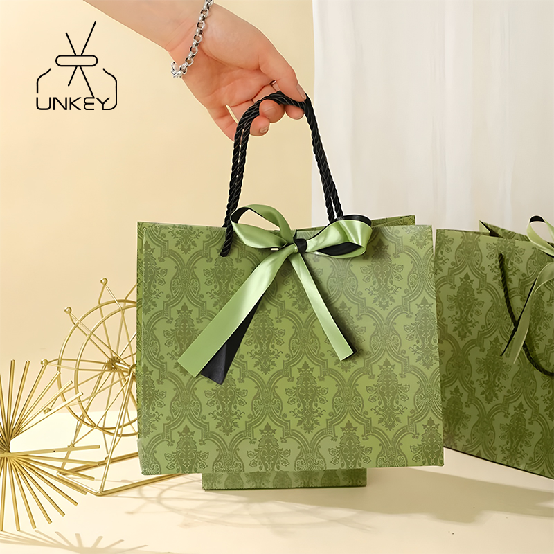 Green Gift Bag with Double Ribbon Handle Plain Design for Christmas and Wedding